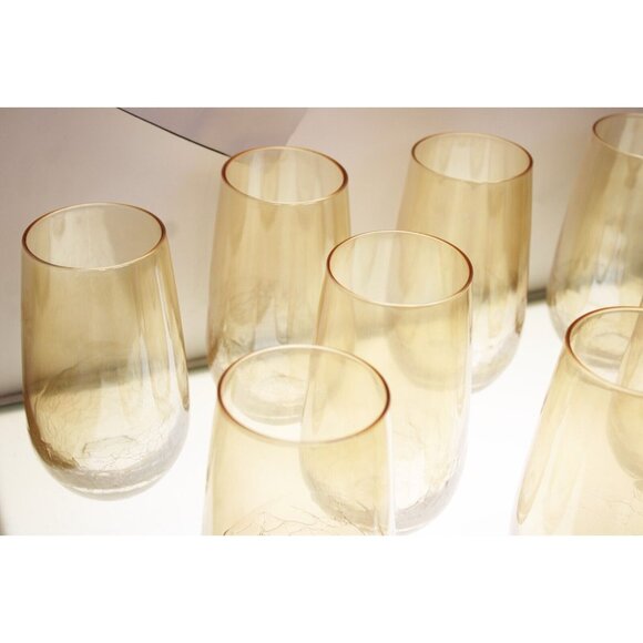 8 Pier One Crackle Lusterware Stemless Wine Hiball Glasses Drinking Amber Tall - Picture 2 of 6